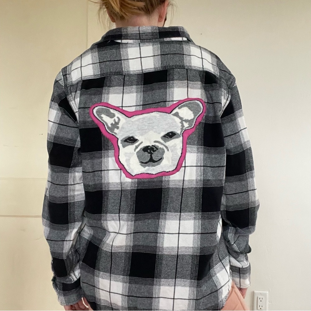 Black & White Plaid Button-Down Shirt with Pink-Trim French Bull Dog Patch
